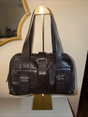 Furla Dark Brown Leather Messenger Bag with Front Buckle Pockets